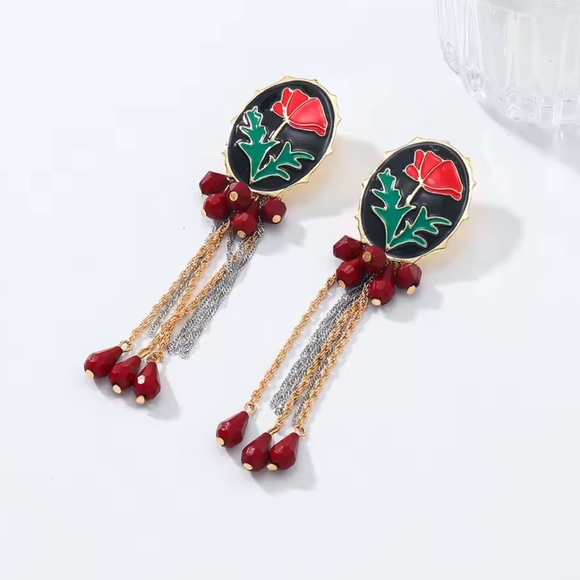New! Zara unique Red and Gold Floral Drop Earrings - Picture 3 of 6